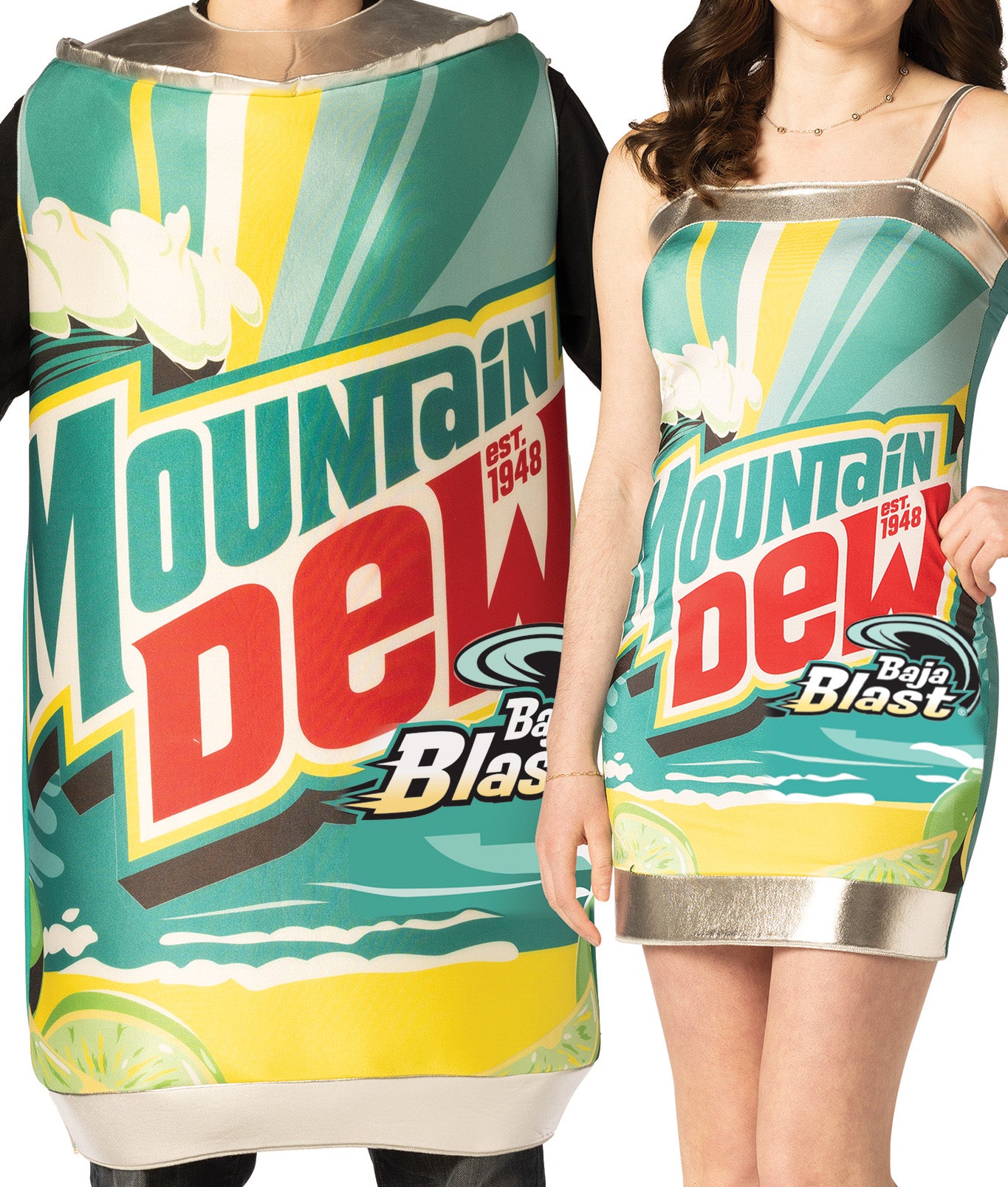Dew Me Once - Mountain Dew Baja Blast Dress M & Tunic Couples Halloween Costume, Women's Size Medium & Adult One Size