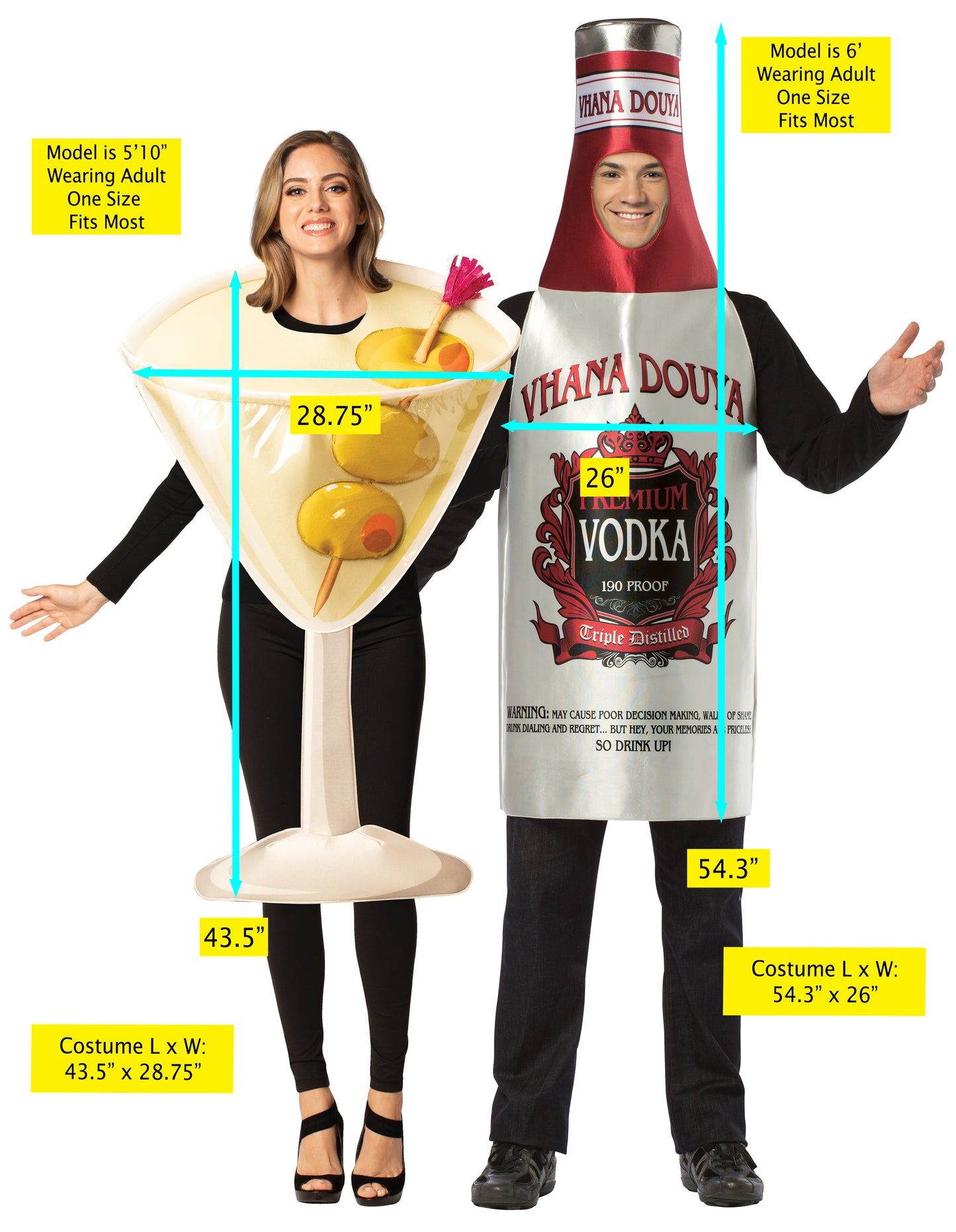Dirty Martini Glass & Vodka Bottle Couple Costume, One Size Fits Most Adults