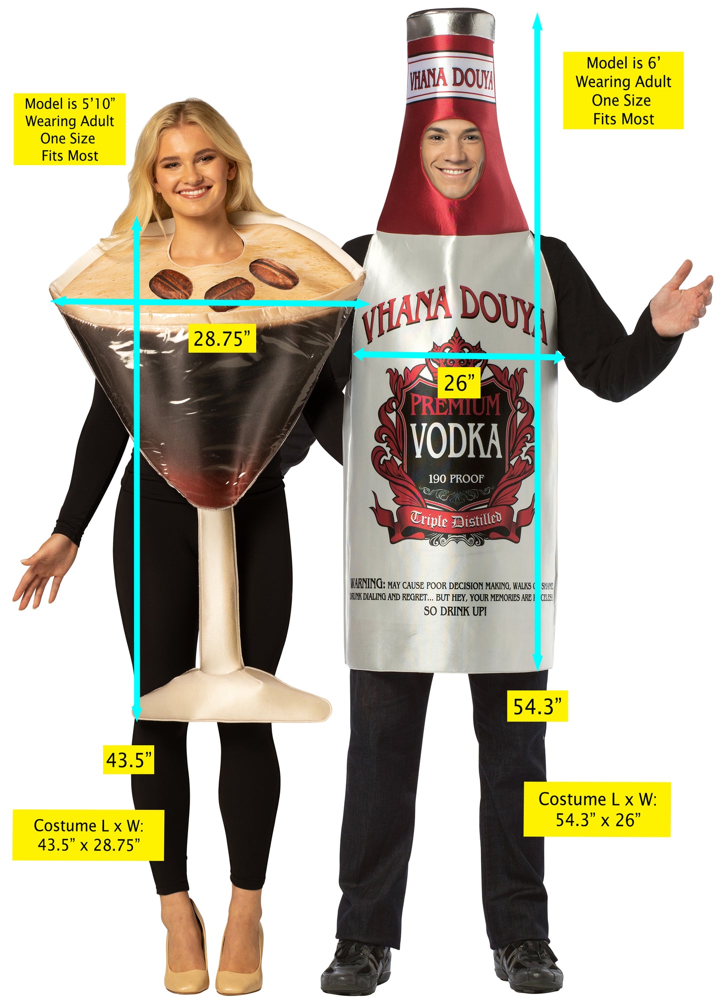 Espresso Martini Glass & Vodka Bottle Couple Costume, One Size Fits Most Adults