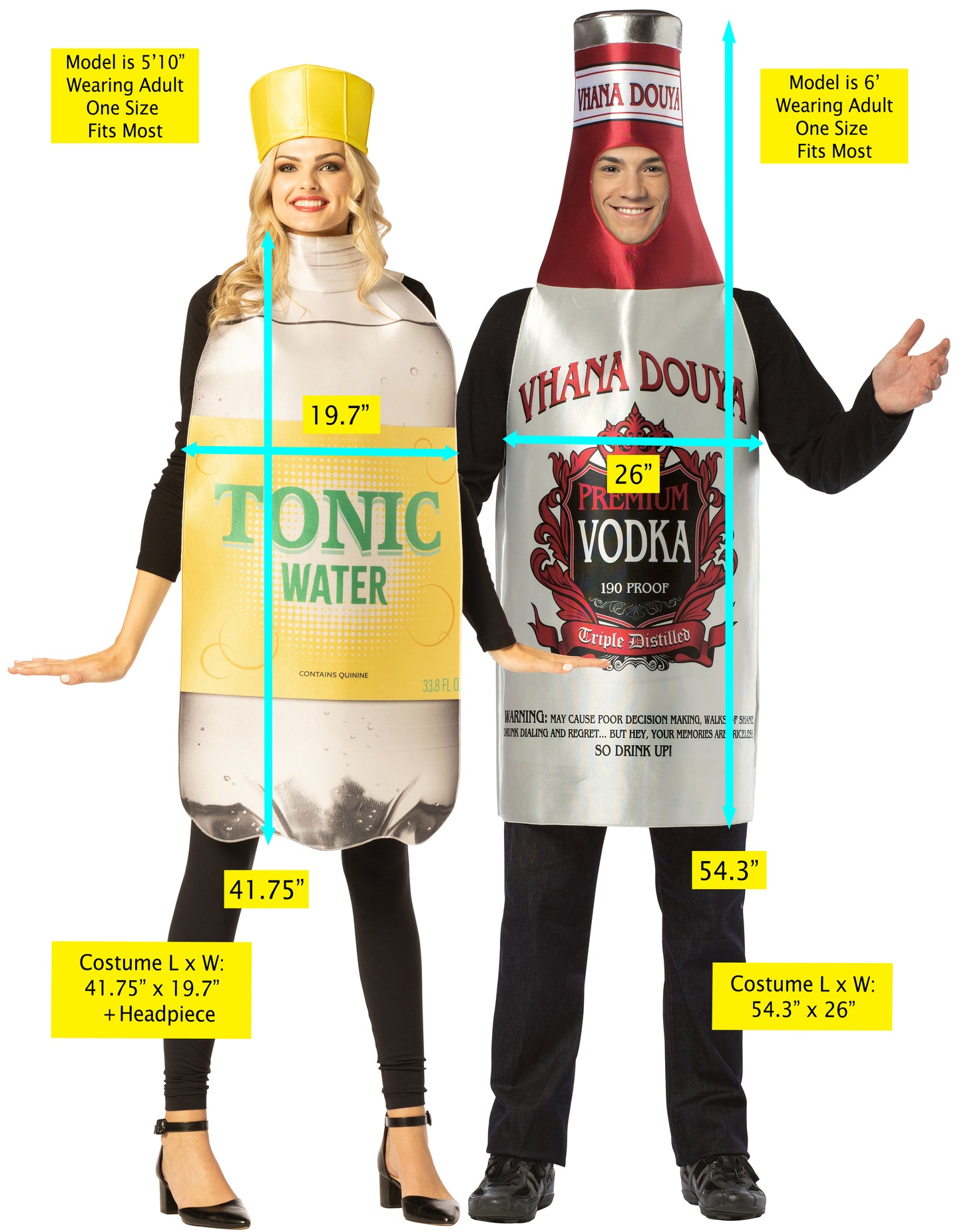 Vodka Bottle & Tonic Water Bottle with Hat Couple Costume, One Size Fits Most Adults