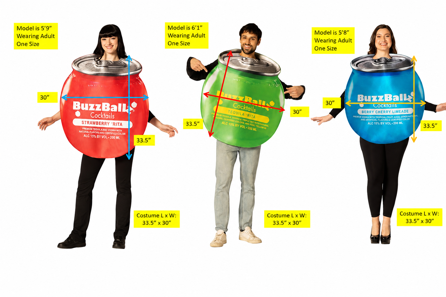 BuzzBallz Strawberry 'Rita, Tequila 'Rita & Berry Cherry Limeade Group Costume, Adult One Size