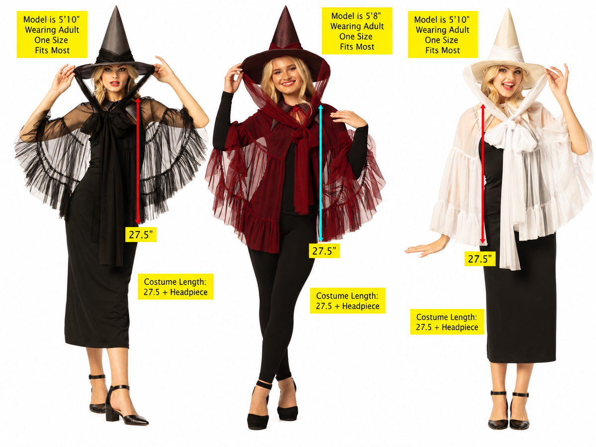 Witches' Coven Hat & Cape, Black, Burgundy, & White Group Costume, One Size Fits Most