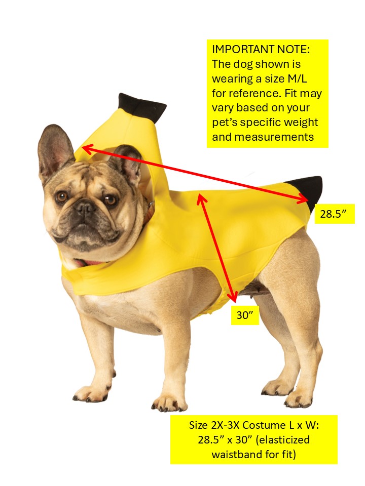Banana Dog Pet Costume, Various Sizes XS to 3X