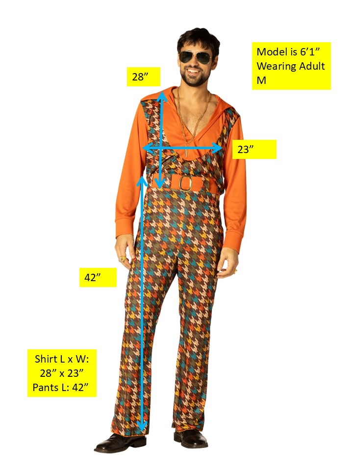 Swaggertown 70's Jumpsuit with Ruffled Shirt Costume, Orange, Teal & Brown, Men's Various Sizes