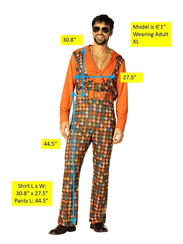 Swaggertown 70's Jumpsuit with Ruffled Shirt Costume, Orange, Teal & Brown, Men's Various Sizes