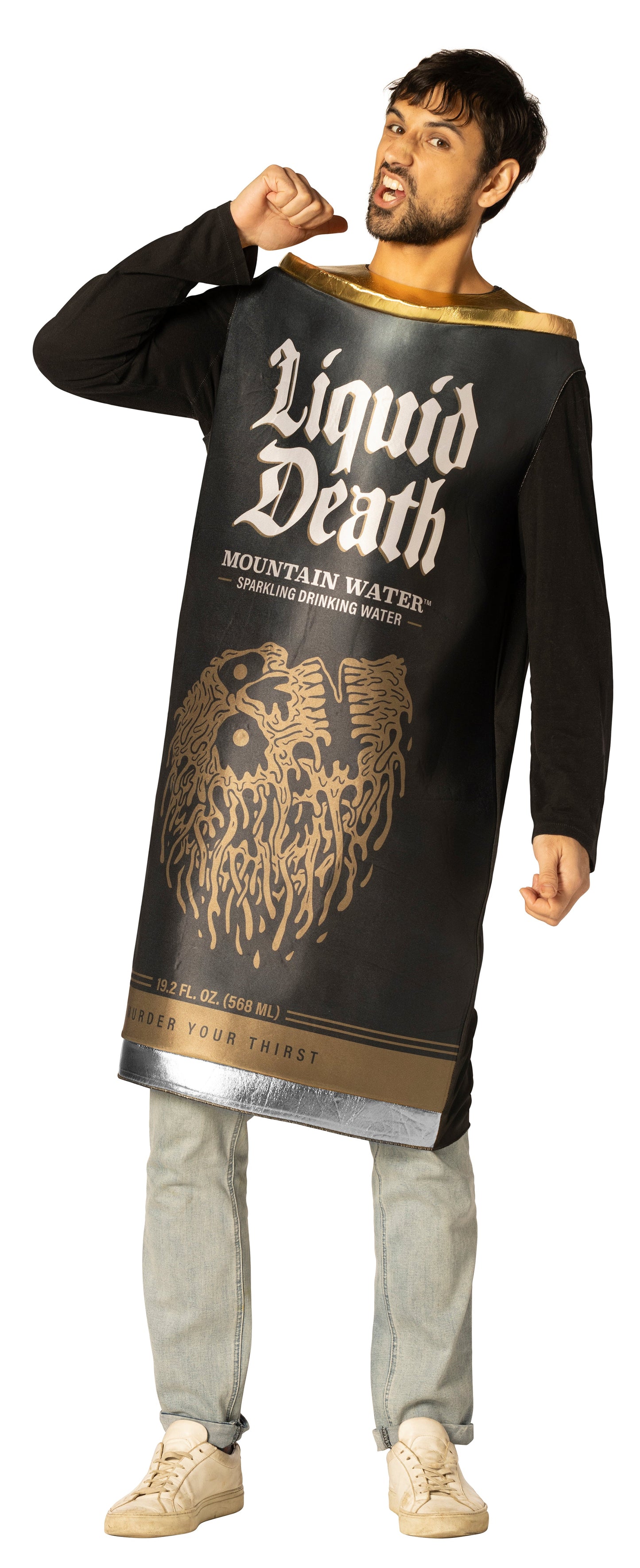 Liquid Death Sparkling Mountain Water Costume, Black, Adult One Size