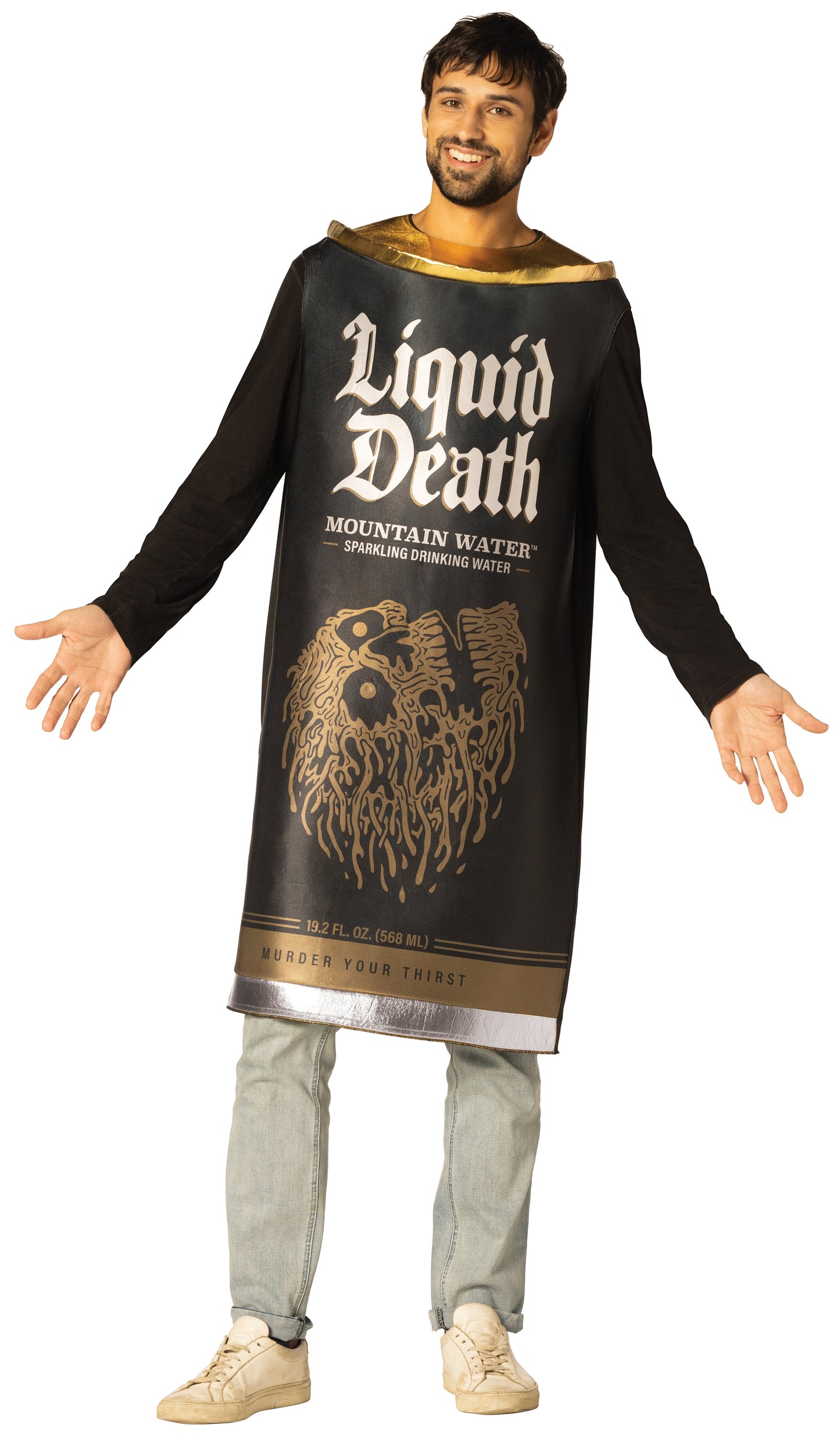 Liquid Death Sparkling Mountain Water Costume, Black, Adult One Size