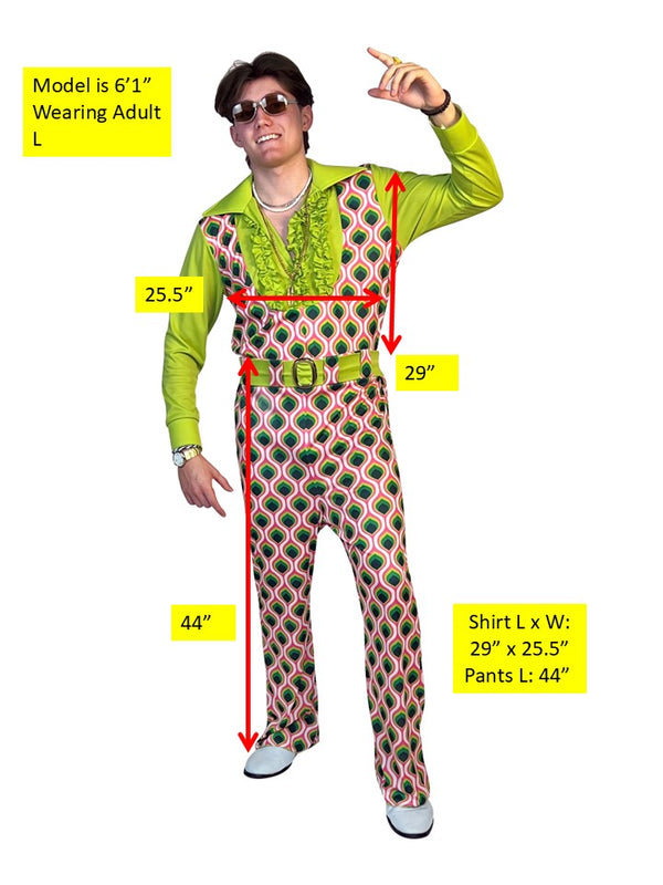 Swaggertown 70's Jumpsuit with Ruffled Shirt Costume, Green, Pink & White, Men's Various Sizes