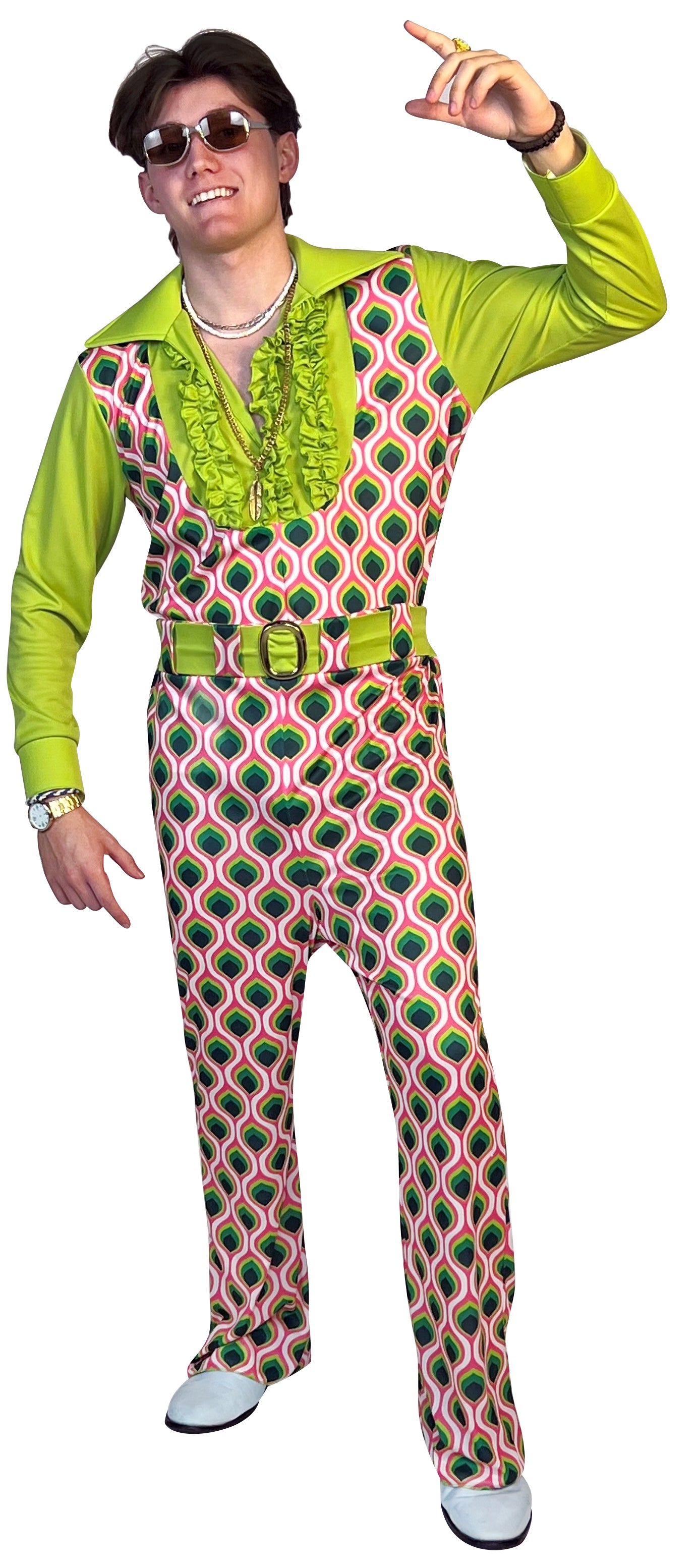Swaggertown Pantsuit Pink & Green Feather Costume, Men's Various Sizes