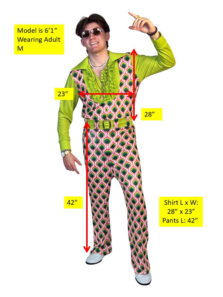 Swaggertown 70's Jumpsuit with Ruffled Shirt Costume, Green, Pink & White, Men's Various Sizes