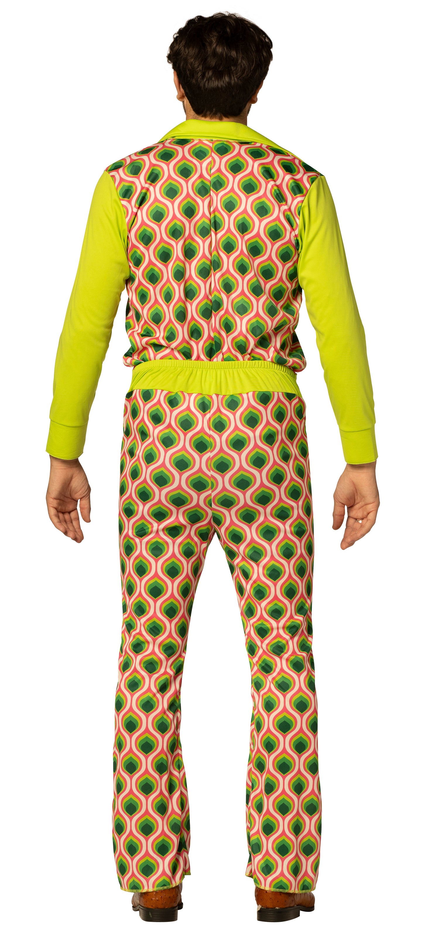 Swaggertown 70's Jumpsuit with Ruffled Shirt Costume, Green, Pink & White, Men's Various Sizes