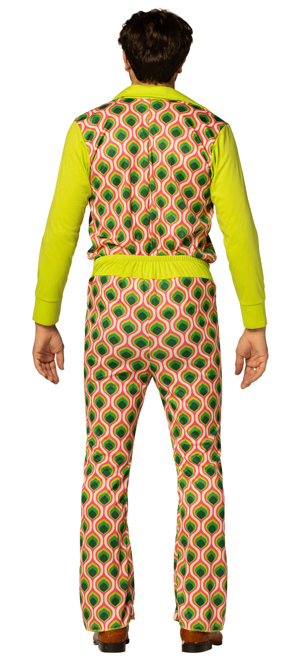 Swaggertown 70's Jumpsuit with Ruffled Shirt Costume, Green, Pink & White, Men's Various Sizes