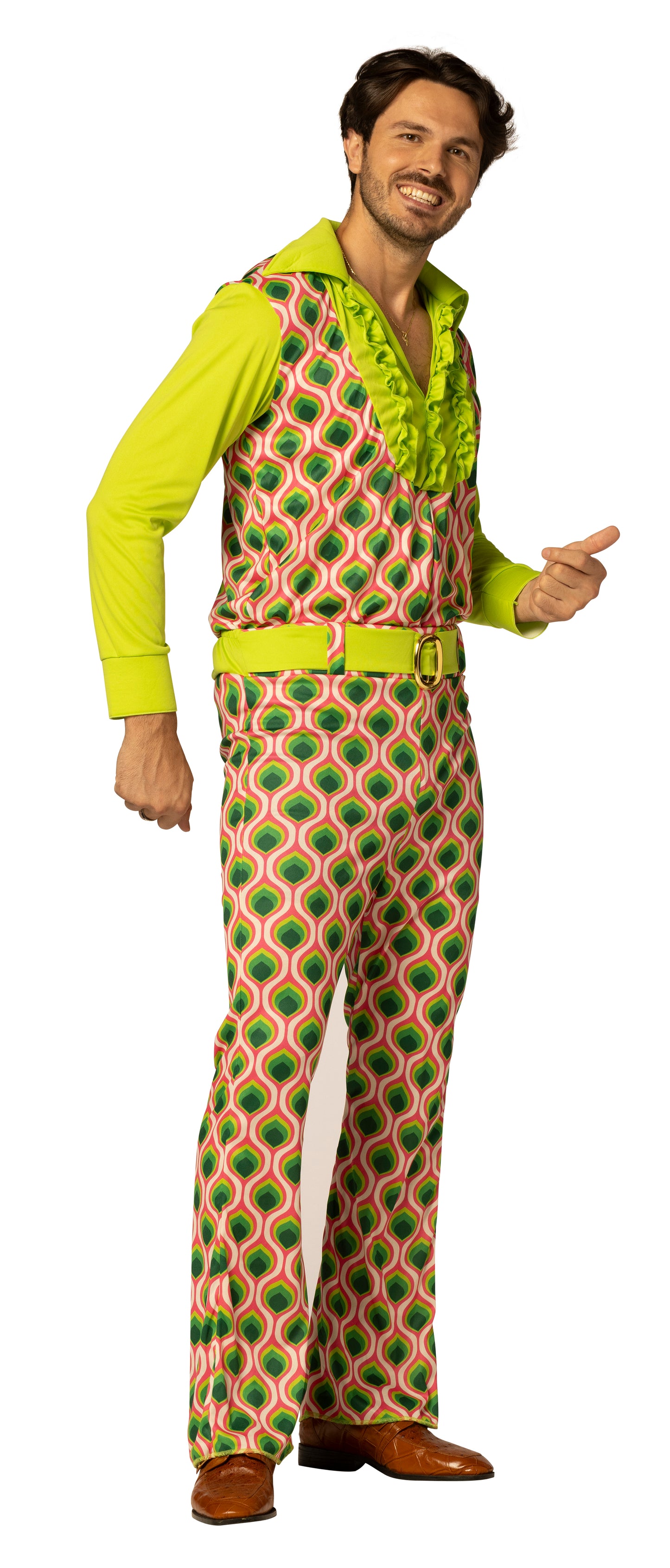 Swaggertown 70's Jumpsuit with Ruffled Shirt Costume, Green, Pink & White, Men's Various Sizes