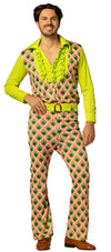 Swaggertown 70's Jumpsuit with Ruffled Shirt Costume, Green, Pink & White, Men's Various Sizes