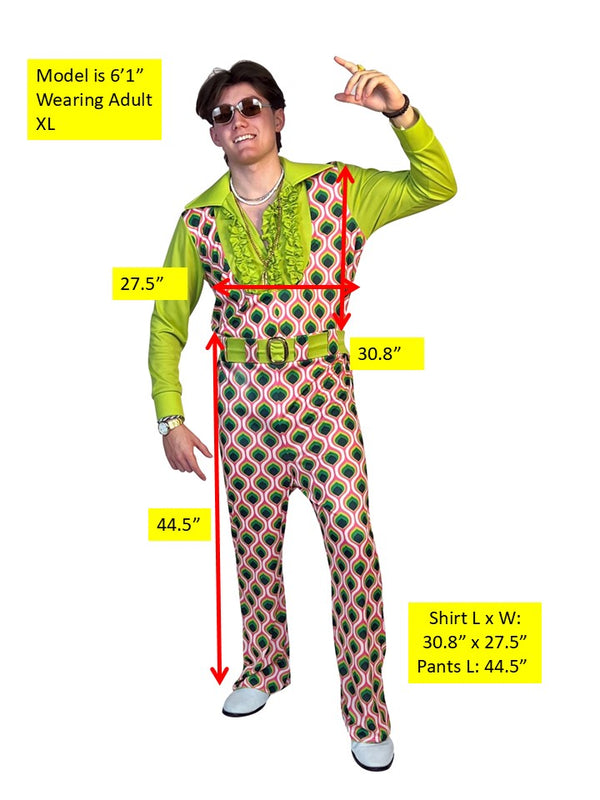 Swaggertown 70's Jumpsuit with Ruffled Shirt Costume, Green, Pink & White, Men's Various Sizes