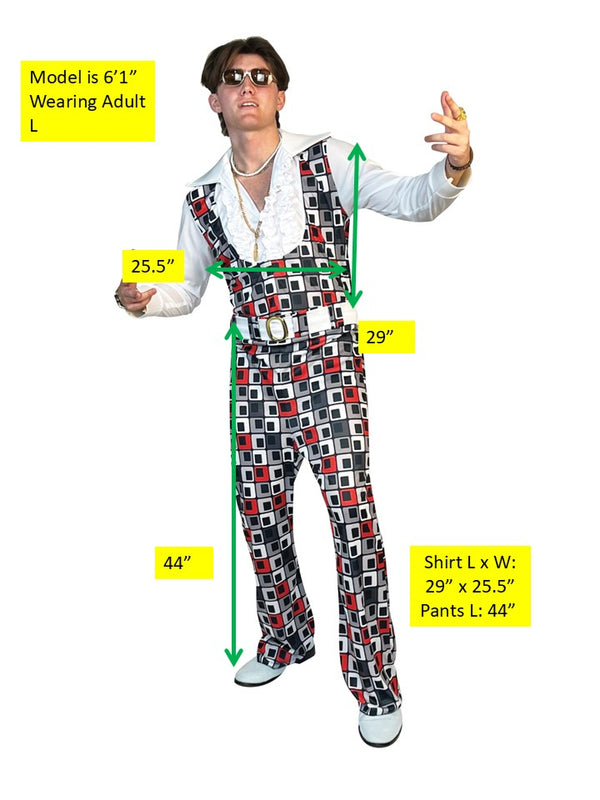 Swaggertown 70's Jumpsuit with Ruffled Shirt Costume, White, Black & Red, Men's Various Sizes