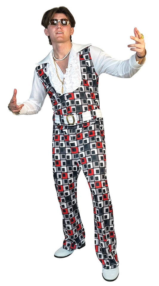 Swaggertown 70's Jumpsuit with Ruffled Shirt Costume, White, Black & Red, Men's Various Sizes