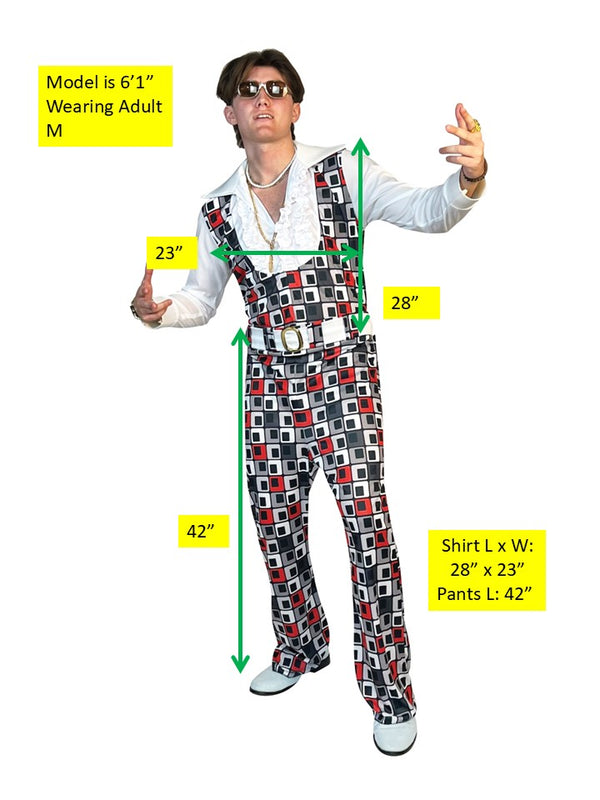 Swaggertown 70's Jumpsuit with Ruffled Shirt Costume, White, Black & Red, Men's Various Sizes