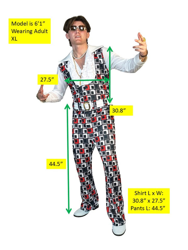 Swaggertown 70's Jumpsuit with Ruffled Shirt Costume, White, Black & Red, Men's Various Sizes