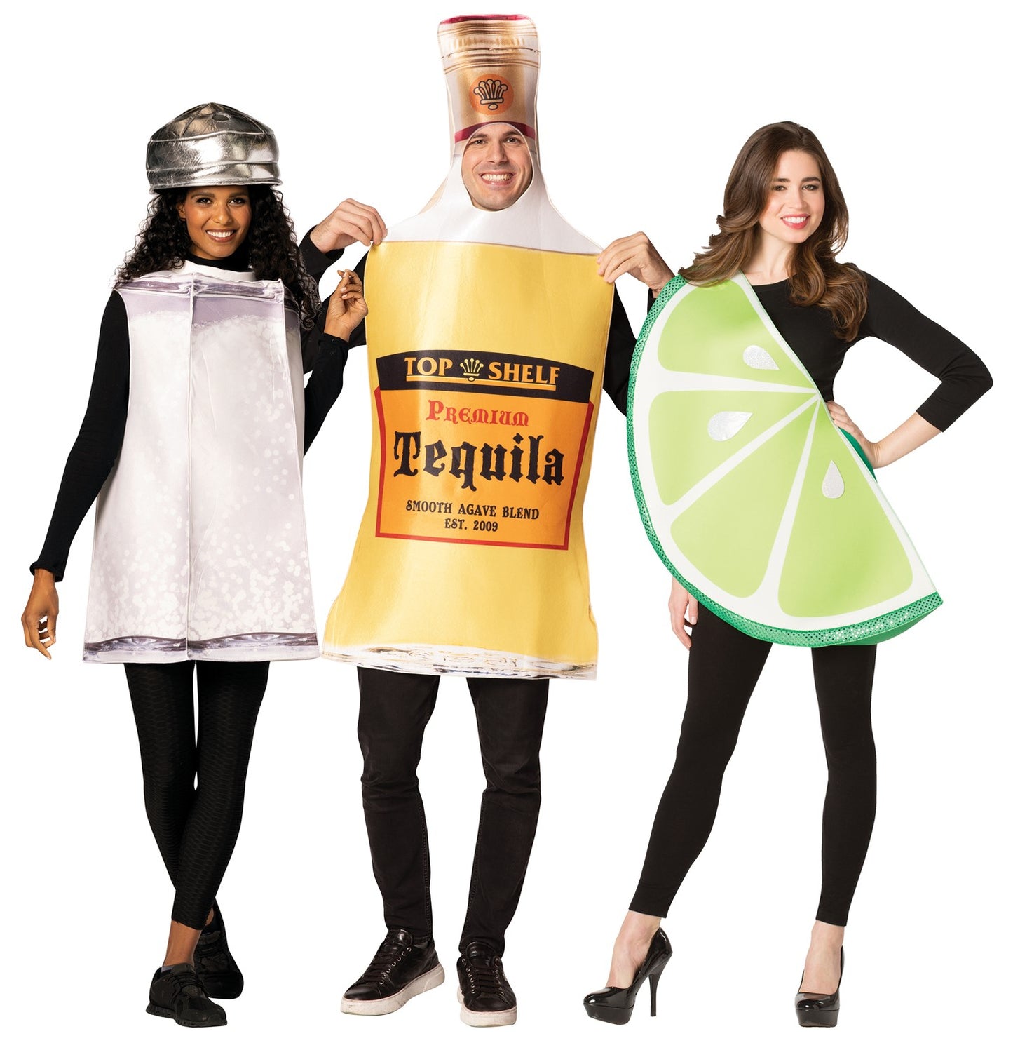 Tequila Bottle, Lime Slice & Salt Shaker Bottle Trio Costume, Adult One Size