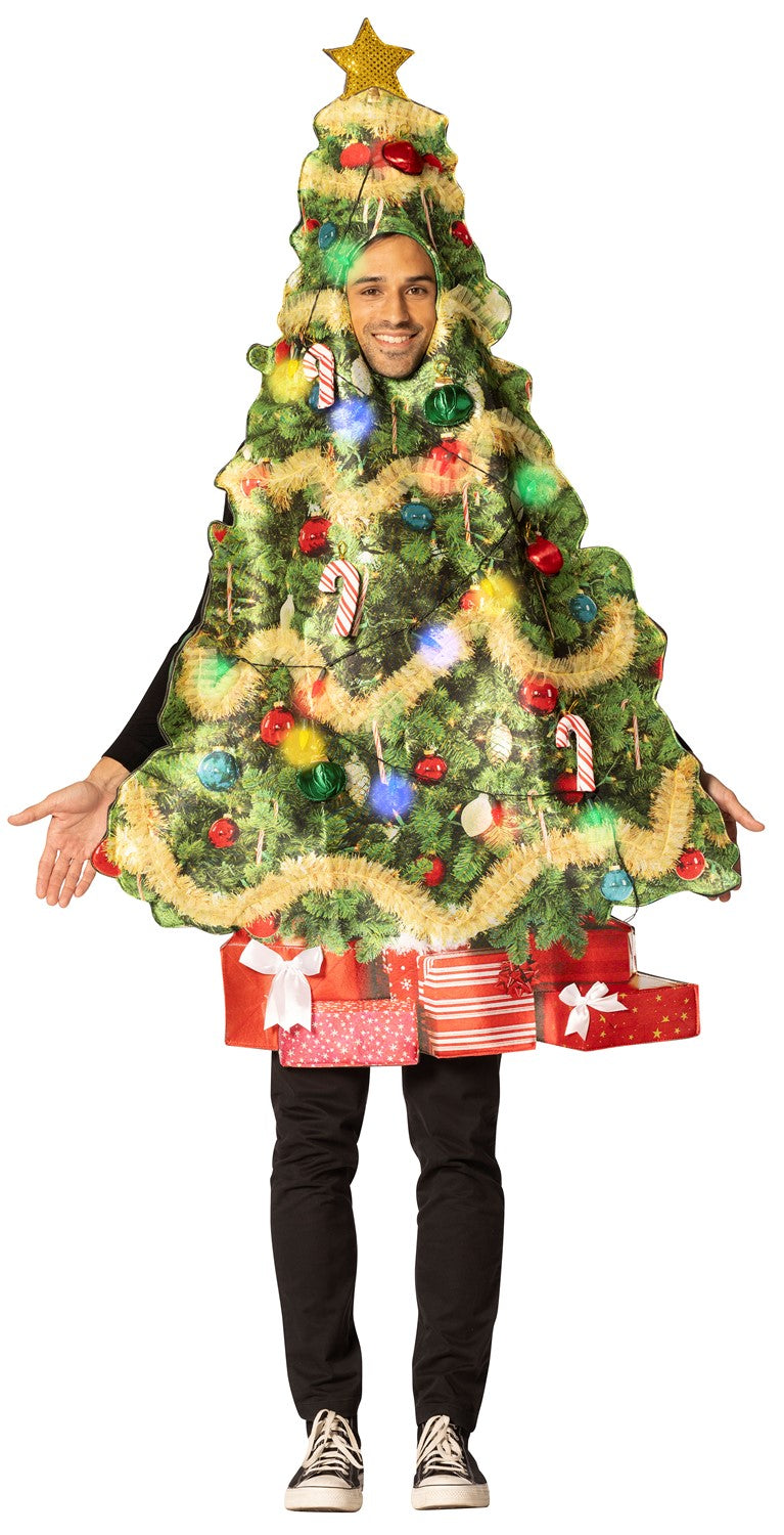 Ultimate Retro Christmas Tree Costume w. Battery Powered String of Lights, O/S