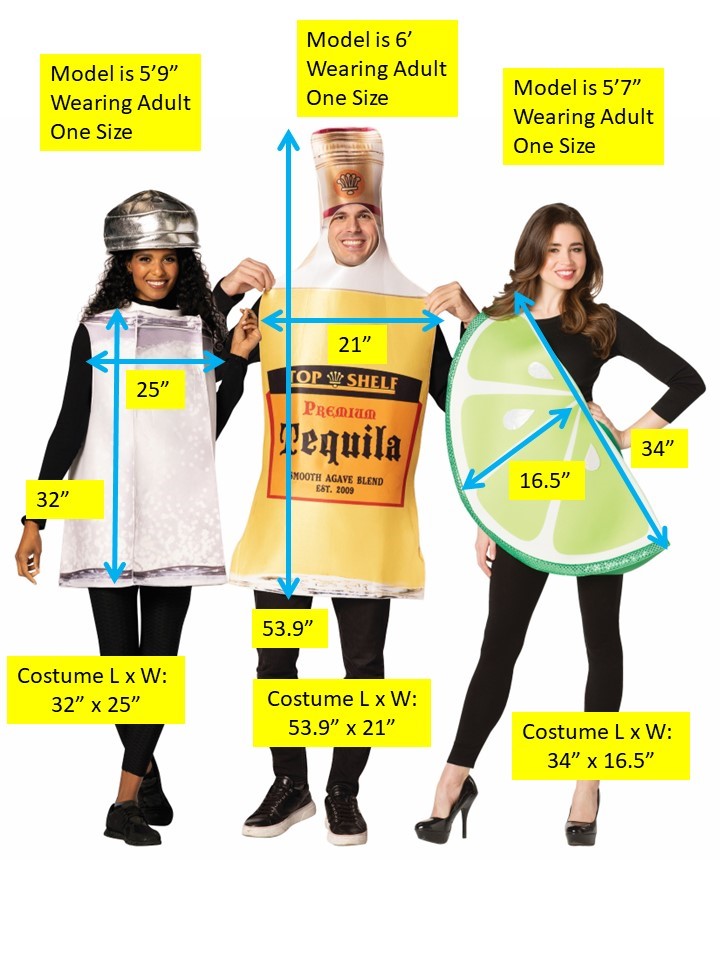 Tequila Bottle, Lime Slice & Salt Shaker Bottle Trio Costume, Adult One Size