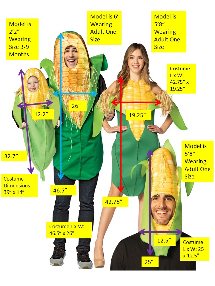 Family of Corn- Corn on the Cob Tunic, Corn on Cob Dress, Ear of Corn Hat, & Ear of Corn Bunting Group Costume, Men, Women & Baby, Various Sizes