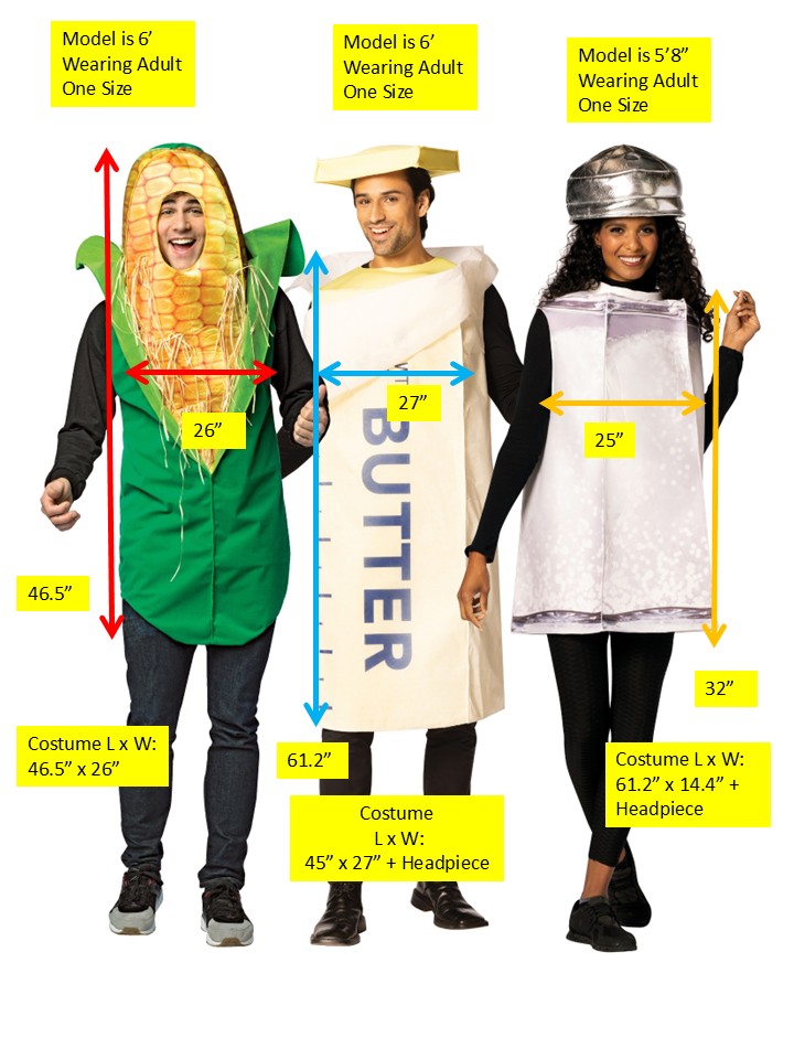 Corn on the Cob Tunic, Stick of Butter Tunic & Salt Shaker Bottle Group Costume, Adult One Size