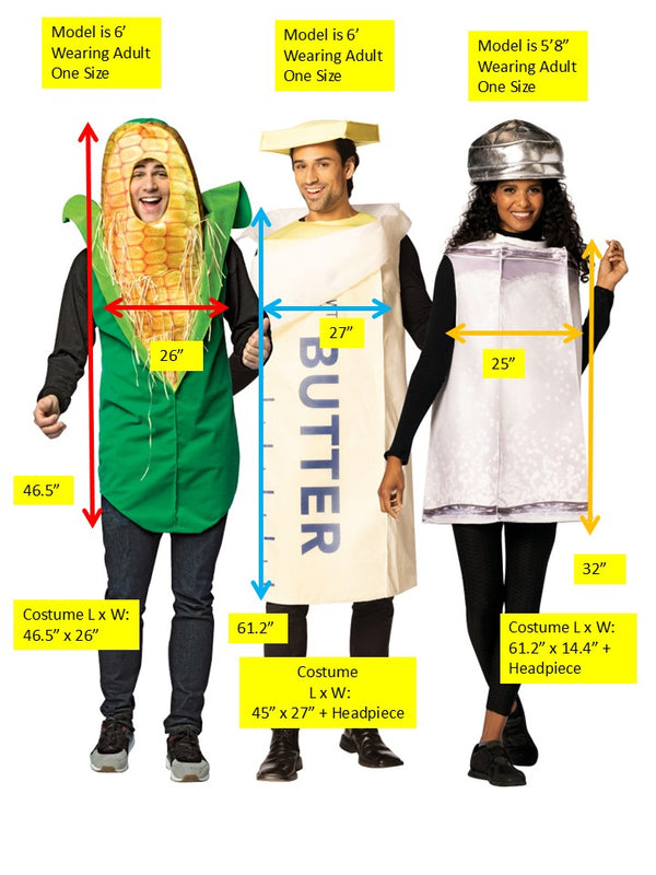 Corn on the Cob Tunic, Stick of Butter Tunic & Salt Shaker Bottle Group Costume, Adult One Size