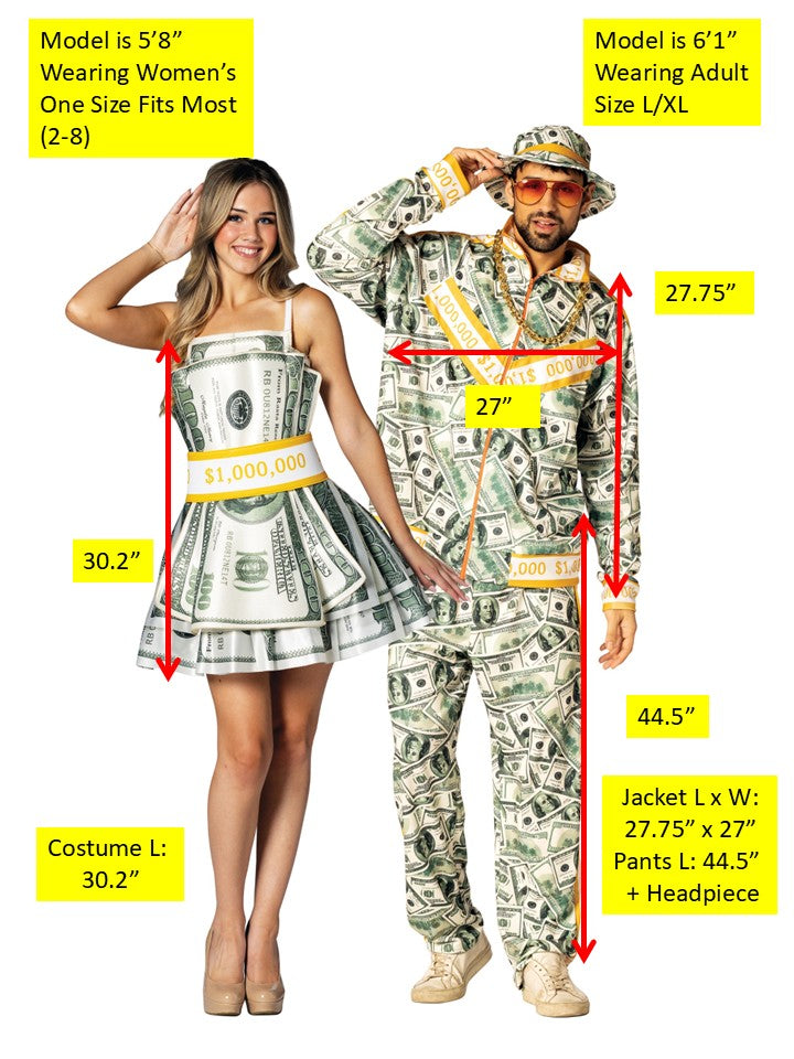 Money Dress & Money Suit Couple Costume, Women's Size 2-8 & Men's L-XL