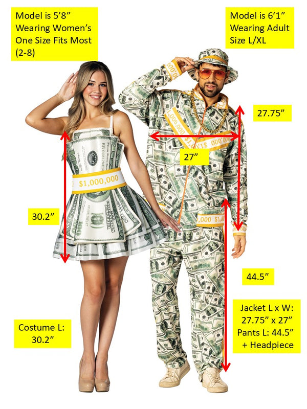 Money Dress & Money Suit Couple Costume, Women's Size 2-8 & Men's L-XL
