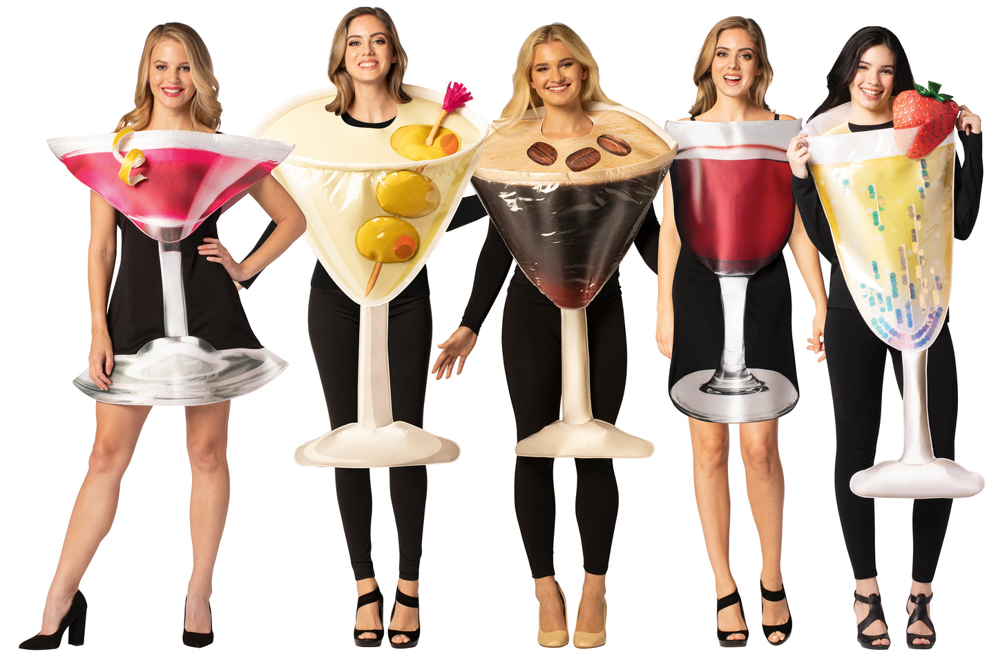 Dirty Martini, Espresso Martini, Cosmopolitan Dress, Champagne Flute, & Glass of Red Wine Dress Group Costume, One Size Fits Most Adults