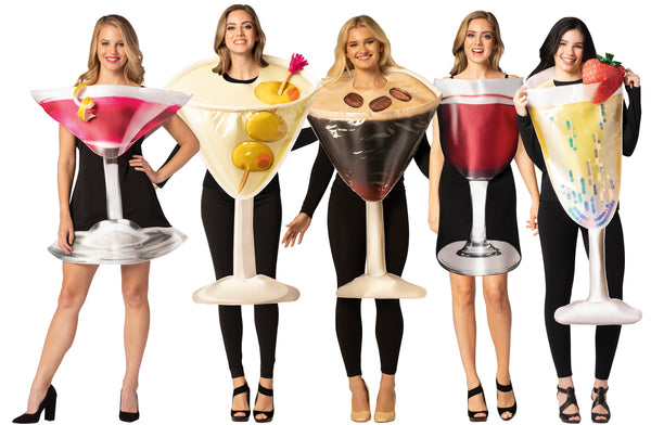 Dirty Martini, Espresso Martini, Cosmopolitan Dress, Champagne Flute, & Glass of Red Wine Dress Group Costume, One Size Fits Most Adults