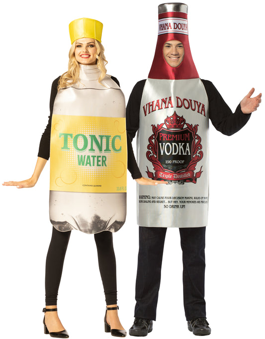 Vodka Bottle & Tonic Water Bottle with Hat Couple Costume, One Size Fits Most Adults