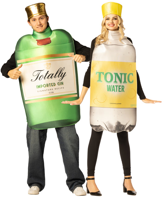 Gin Bottle with Hat & Tonic Water Bottle with Hat Couple Costume, One Size Fits Most Adults