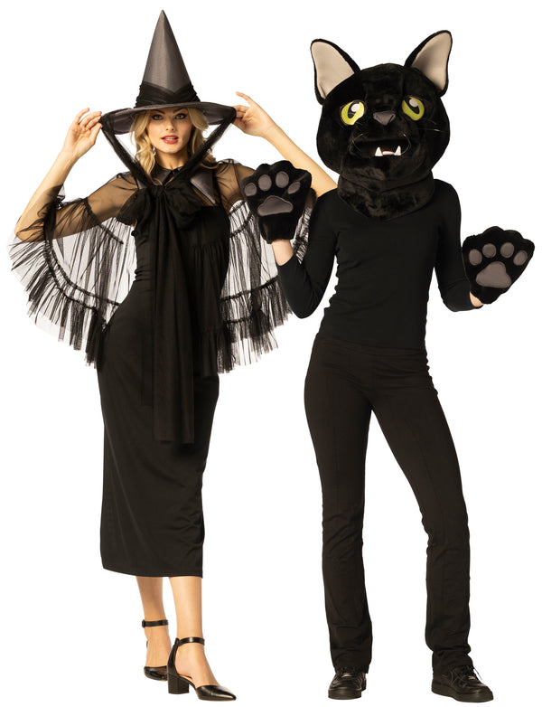 Witch Hat & Cape, Black & Black Cat Mask Headpiece with Paws Couple Costume, One Size Fits Most Adults