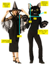 Witch Hat & Cape, Black & Black Cat Mask Headpiece with Paws Couple Costume, One Size Fits Most Adults