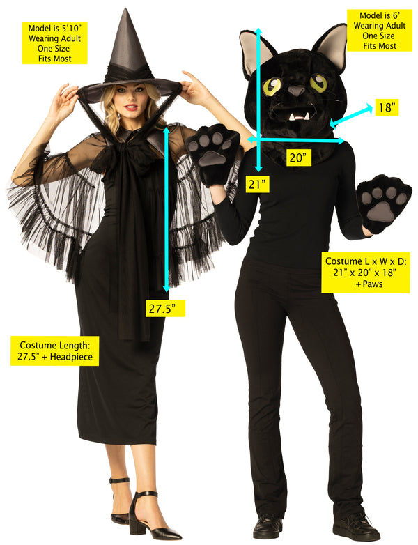Witch Hat & Cape, Black & Black Cat Mask Headpiece with Paws Couple Costume, One Size Fits Most Adults
