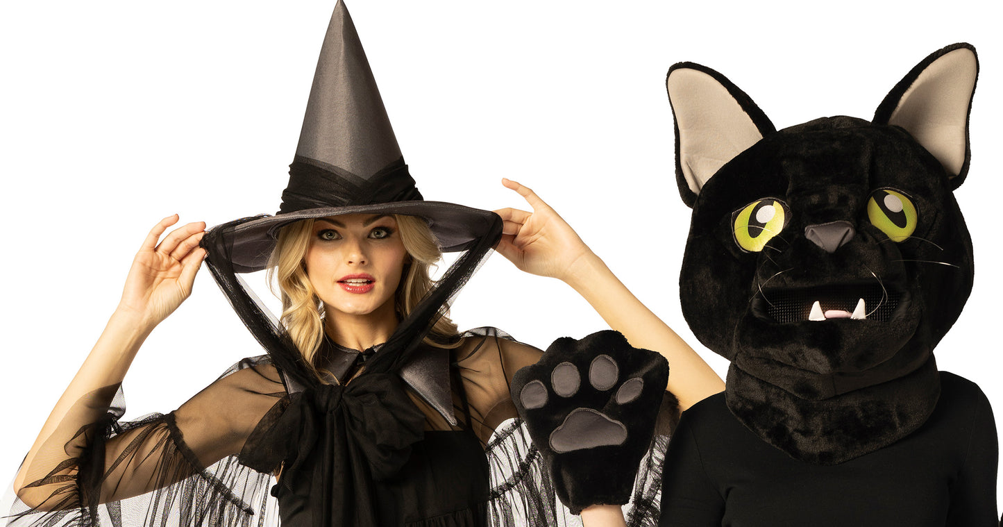 Witch Hat & Cape, Black & Black Cat Mask Headpiece with Paws Couple Costume, One Size Fits Most Adults