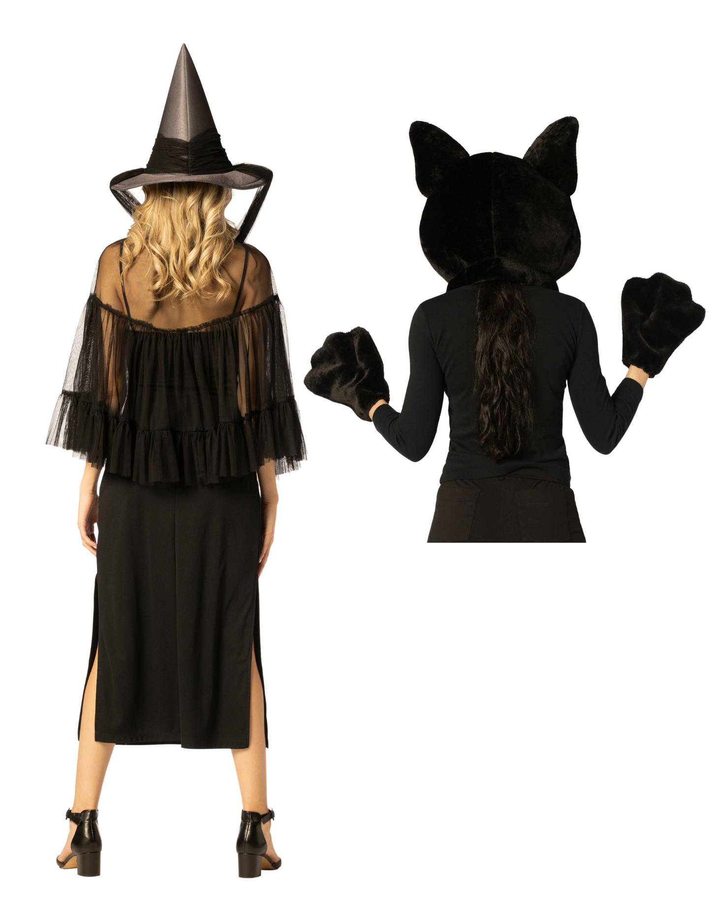 Witch Hat & Cape, Black & Black Cat Mask Headpiece with Paws Couple Costume, One Size Fits Most Adults