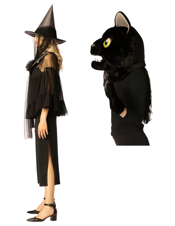 Witch Hat & Cape, Black & Black Cat Mask Headpiece with Paws Couple Costume, One Size Fits Most Adults