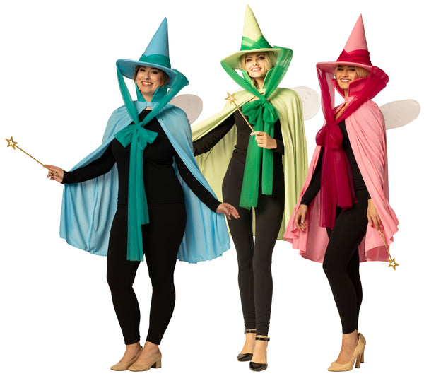 Fairy Godmother Hat, Cape, Wings & Wand, Blue, Green, & Pink Group Costume, One Size Fits Most Adults