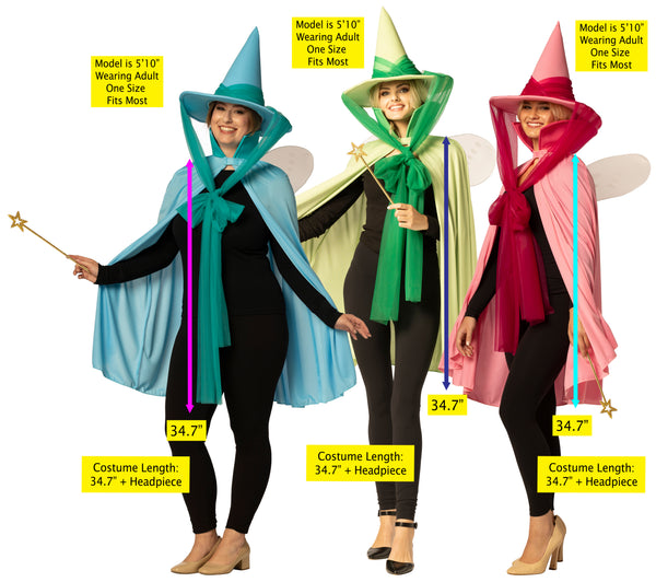 Fairy Godmother Hat, Cape, Wings & Wand, Blue, Green, & Pink Group Costume, One Size Fits Most Adults