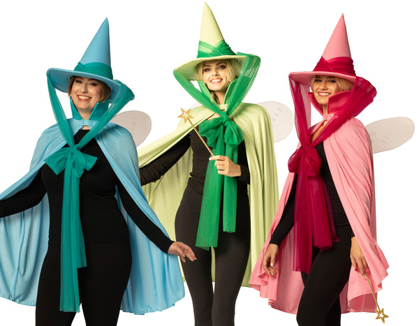 Fairy Godmother Hat, Cape, Wings & Wand, Blue, Green, & Pink Group Costume, One Size Fits Most Adults