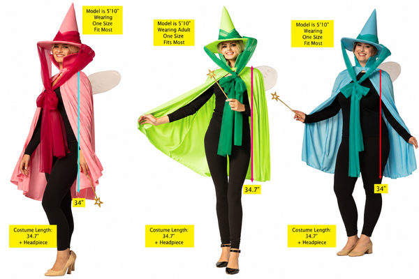 Fairy Godmother Hat, Cape, Wings & Wand, Blue, Green, & Pink Group Costume, One Size Fits Most Adults