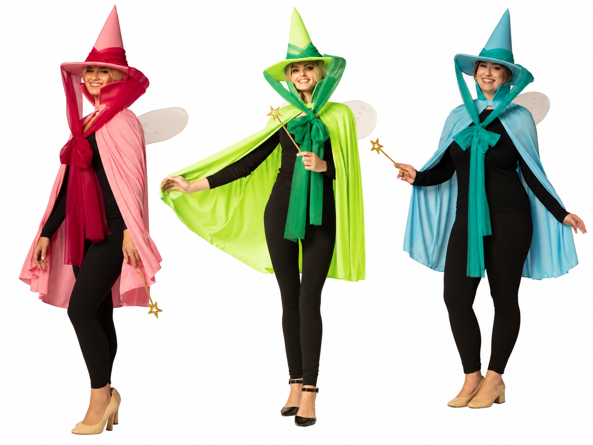 Fairy Godmother Hat, Cape, Wings & Wand, Blue, Green, & Pink Group Costume, One Size Fits Most Adults