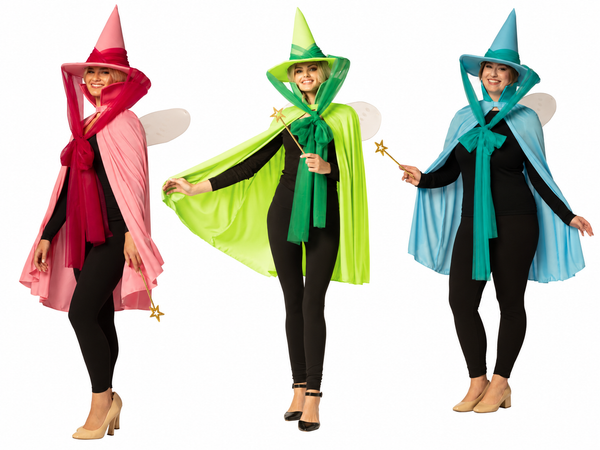 Fairy Godmother Hat, Cape, Wings & Wand, Blue, Green, & Pink Group Costume, One Size Fits Most Adults