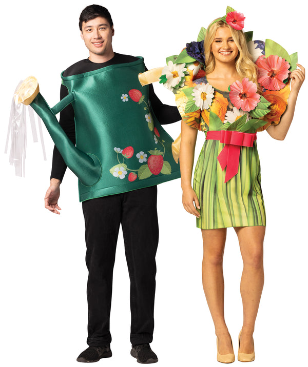 Floral Bouquet Dress & Flower Watering Can Couple Costume, Women's Size 6-10 & One Size Fits Most Adults