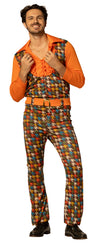 Swaggertown 70's Jumpsuit with Ruffled Shirt Costume, Orange, Teal & Brown, Men's Various Sizes