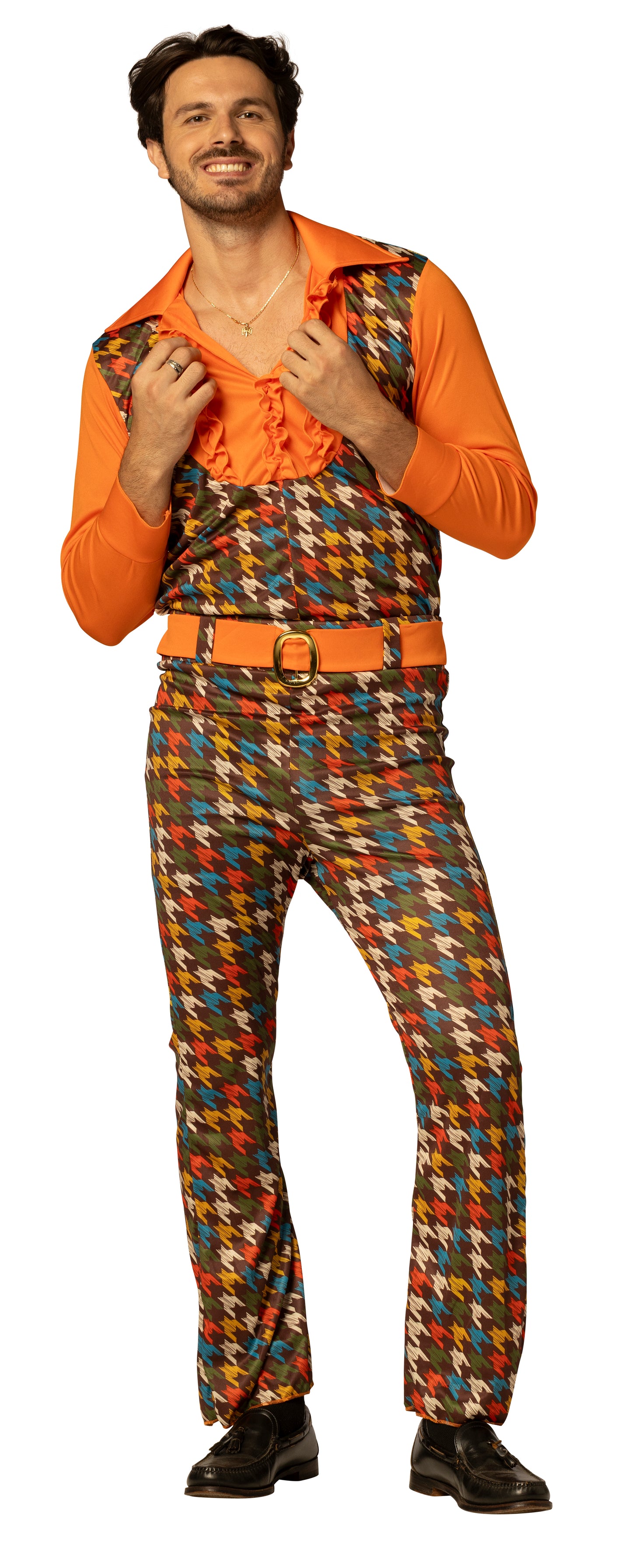 Swaggertown 70's Jumpsuit with Ruffled Shirt Costume, Orange, Teal & Brown, Men's Various Sizes